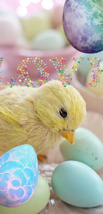 Easter chick with pastel eggs and love text.