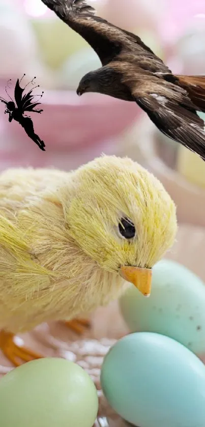 Fluffy chick and pastel eggs with a fairy and bird in an Easter-themed scene.