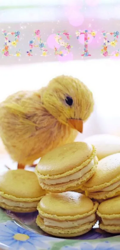 Easter themed wallpaper with a chick and macarons on a decorative plate.