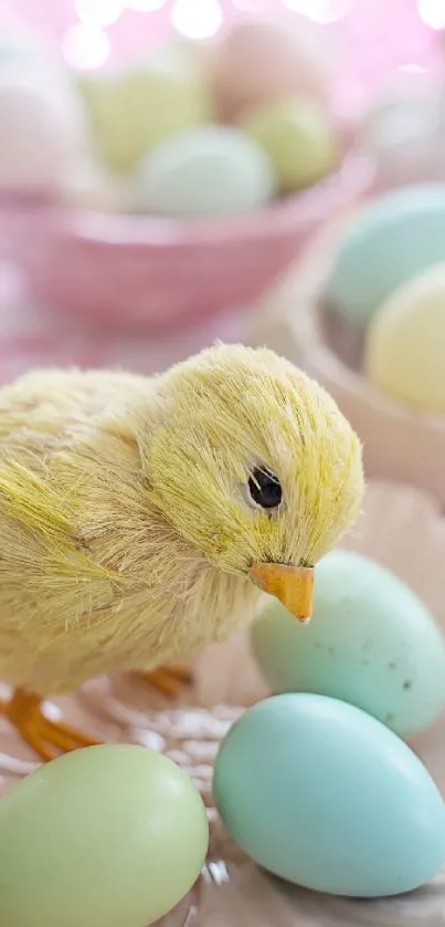 Easter-themed wallpaper with a yellow chick and colorful eggs.