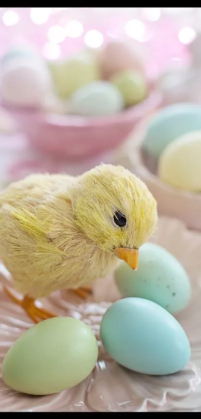 Easter chick and pastel eggs on decorative plate.