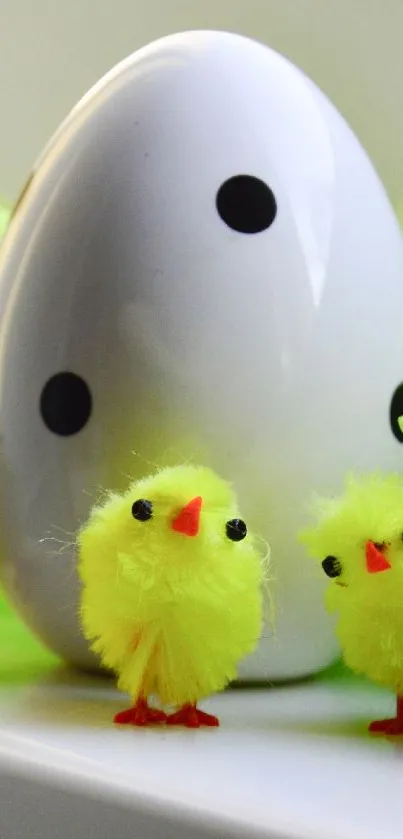 Cute fluffy yellow chicks with a speckled egg.