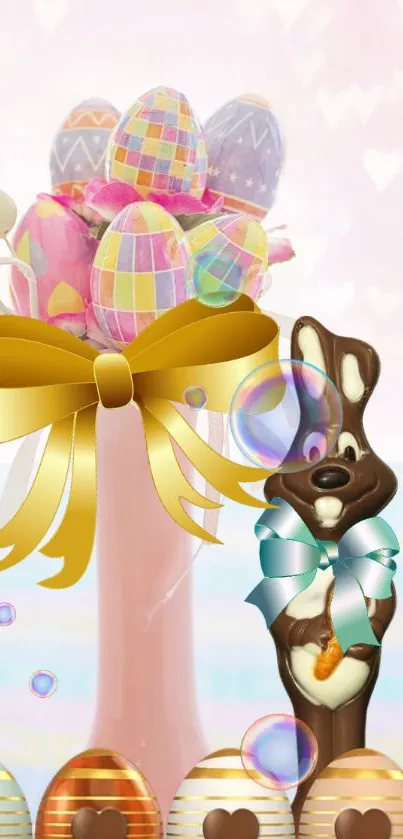 Festive Easter wallpaper with chocolate bunny and colorful eggs.