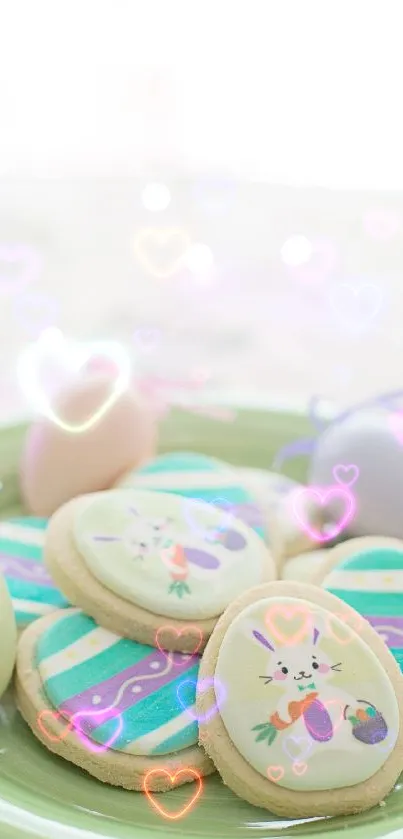 Easter-themed wallpaper with cookies and colorful eggs on a green plate.