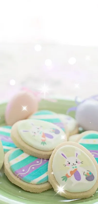 Easter cookies and ornaments on a green plate with pastel accents.