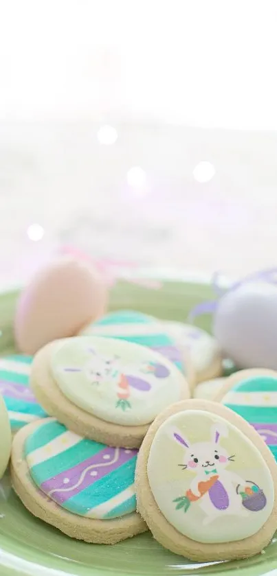 Easter-themed wallpaper with cookies and eggs on a green plate.