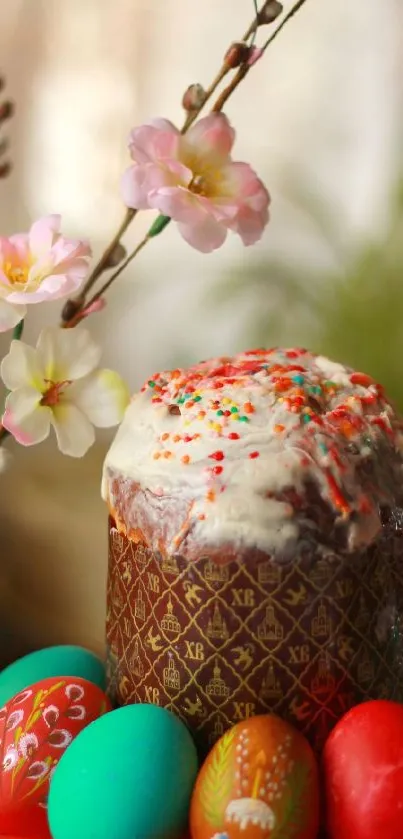 Easter cake with decorated eggs and pink blossoms on a festive plate.