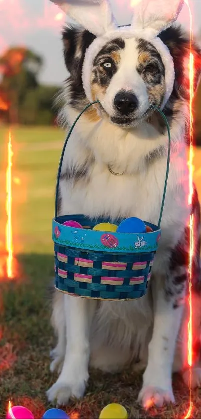 Dog with bunny ears and colorful Easter basket on grass.