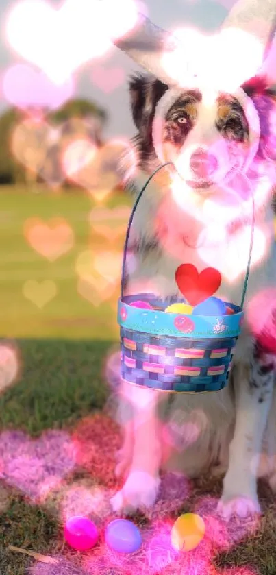 Dog with bunny ears and Easter basket in outdoor setting.