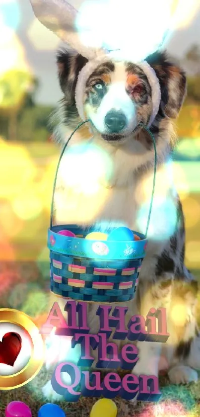 Dog with Easter basket and bunny ears in a park.