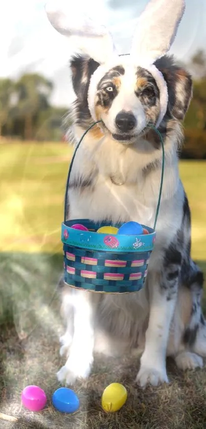 Dog with bunny ears and Easter basket on grassy field.