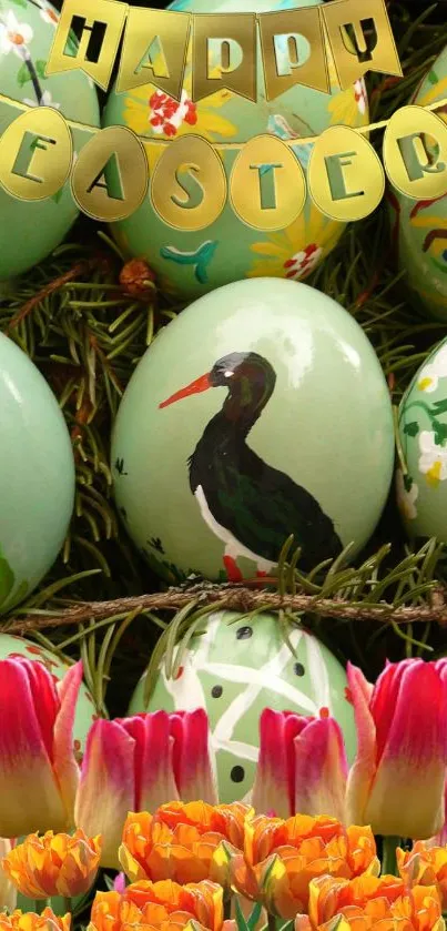 Colorful Easter eggs artfully decorated among pine leaves.