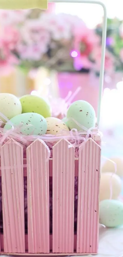 A pastel Easter egg basket with pink decor.