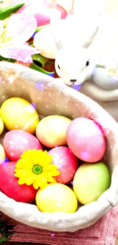 Bunny with basket of colorful Easter eggs and flowers.