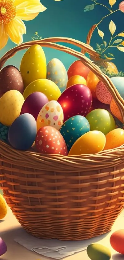 Colorful Easter egg basket with flowers.