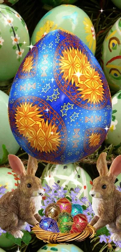 Easter-themed wallpaper with eggs and bunnies in a basket.