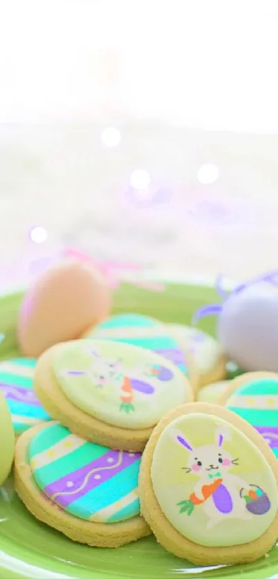 Easter-themed wallpaper with colorful egg cookies.