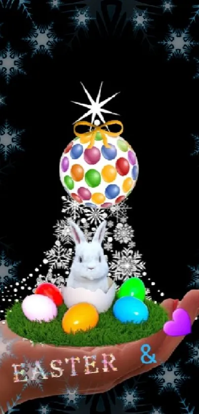 Easter themed mobile wallpaper with colorful eggs and starry background.