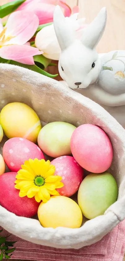 Mobile wallpaper with Easter eggs, bunny, and flowers.