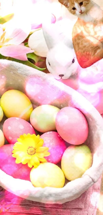 Colorful Easter eggs with flowers and a cat figurine on a wooden table.