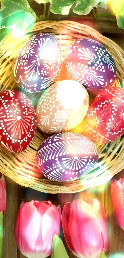 Colorful Easter eggs in basket with tulips and green leaves.