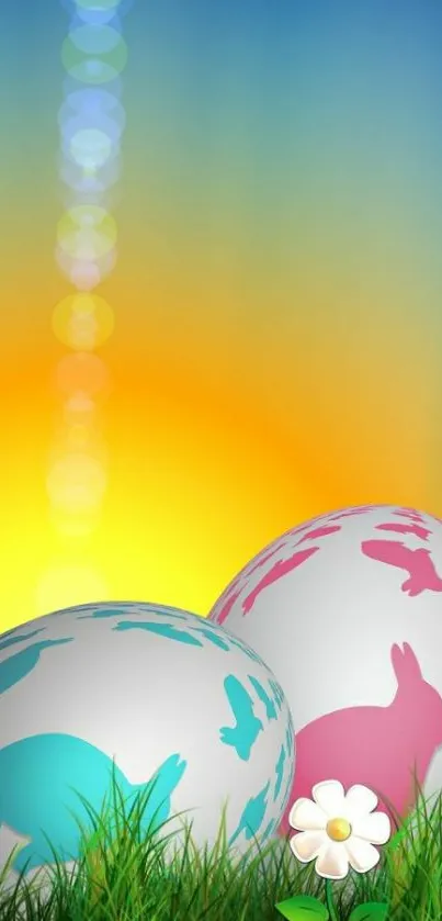 Easter eggs and sunrise with bunny patterns and grass, colorful festive theme.