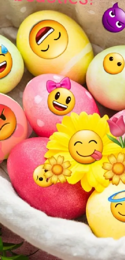 Colorful Easter eggs with emojis in a basket and a bunny figurine on display.