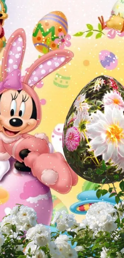 Easter-themed cartoon wallpaper with festive elements.