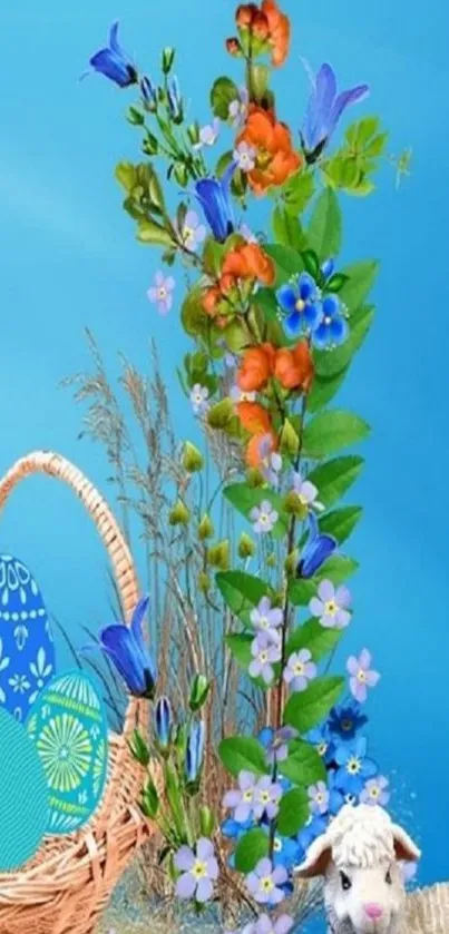 Colorful Easter background with flowers and basket.