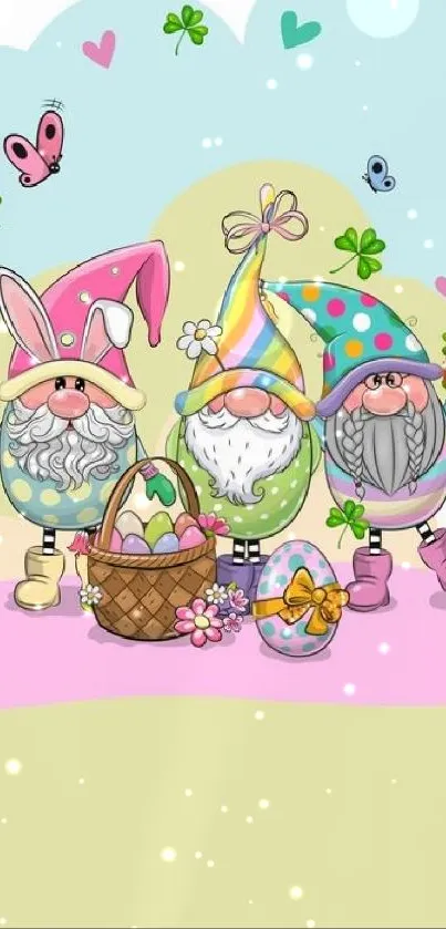 Colorful Easter gnomes with eggs and butterflies.