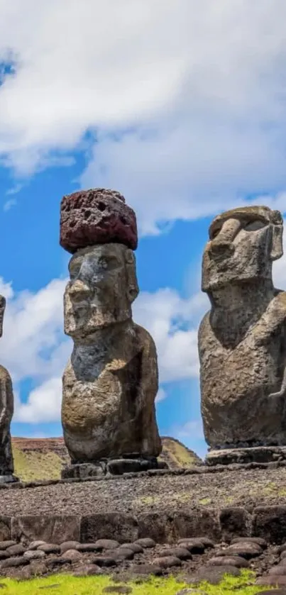 Majestic Moai statues under a bright blue sky on Easter Island.