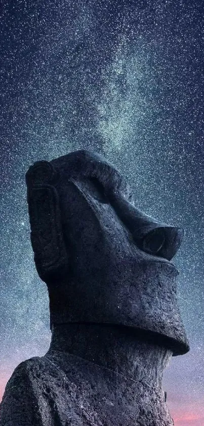 Moai statue under a starry night sky on Easter Island.