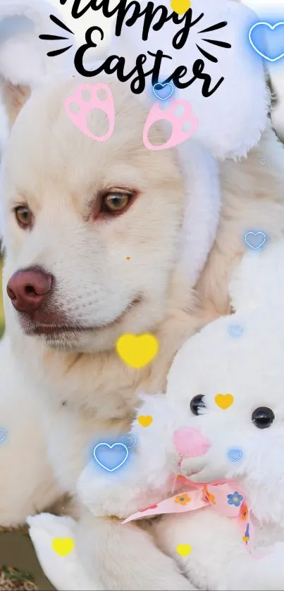 Fluffy puppy with bunny ears and a plush bunny, perfect for Easter wallpaper.