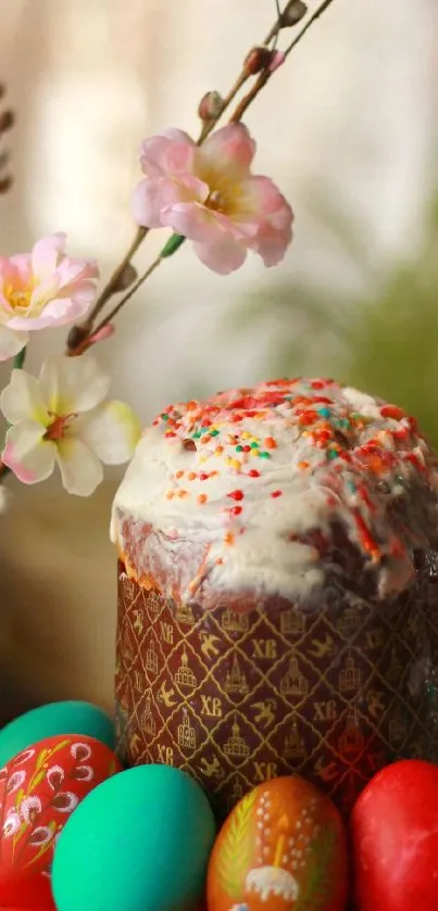 Festive Easter wallpaper with cake, painted eggs, and flowering branches.