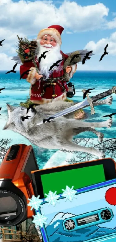 Santa on beach with wolf and camera in a vibrant collage wallpaper.