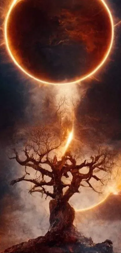 Mystical tree under eclipse glowing fiercely.