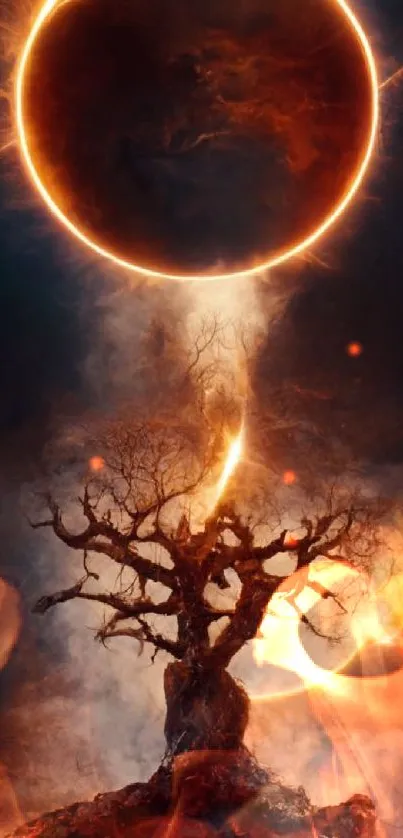 A tree stands before an eclipse in a mystical, cosmic wallpaper design.