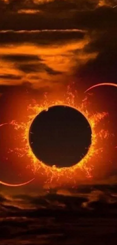 Captivating solar eclipse with fiery rings in a dark sky, perfect for mobile wallpaper.