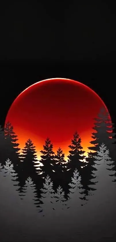 Red sun setting behind silhouette trees in a dark forest scene wallpaper.