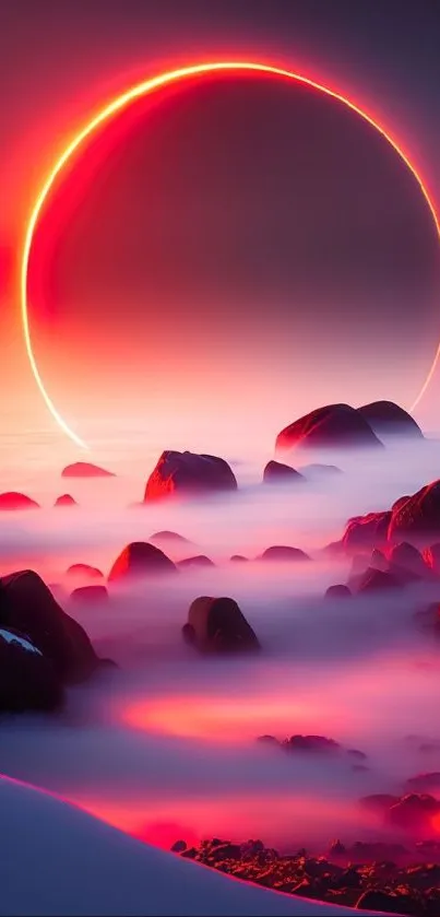 Fantasy landscape with fiery eclipse and glowing misty rocks.