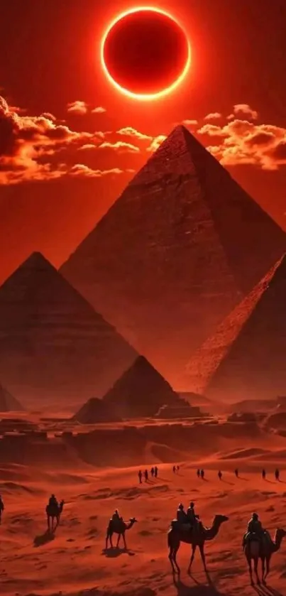 Solar eclipse over pyramids in a red-hued desert landscape.