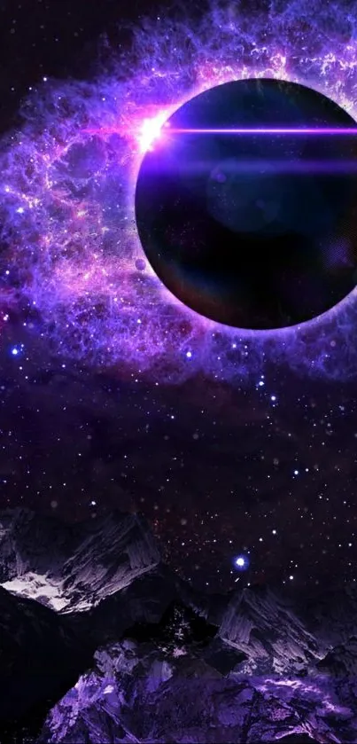 Purple cosmic eclipse above mountain peaks.