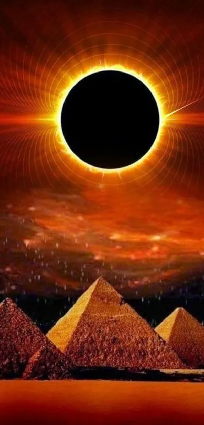 Solar eclipse over Egyptian pyramids with red-orange sky.