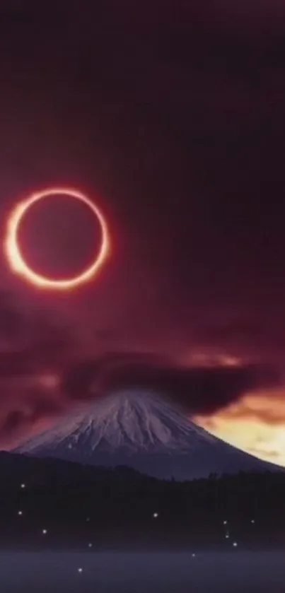 A solar eclipse over a snowy mountain under a dark purple sky, studded with stars.