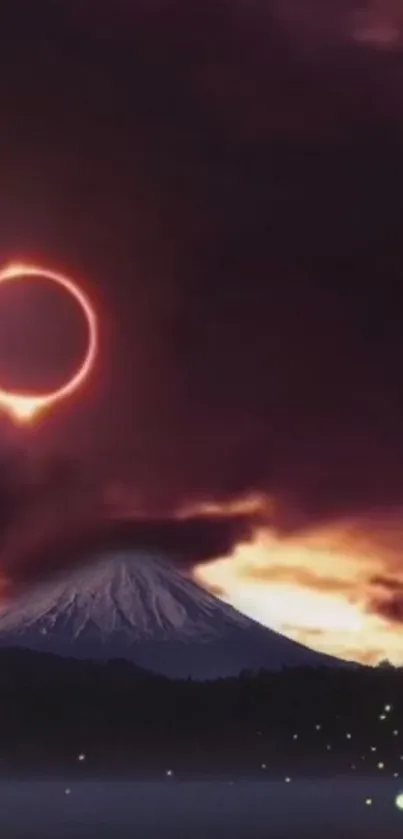 A solar eclipse over a mountain with a dark purple sky.