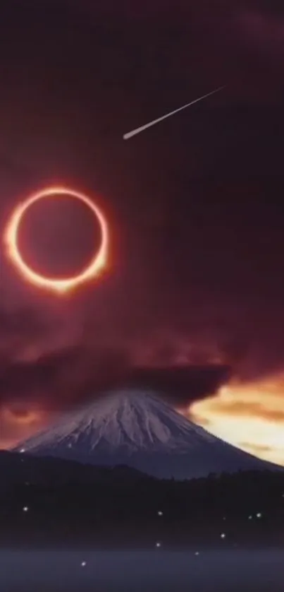 Mobile wallpaper of a solar eclipse over a mountain with dark purple sky.