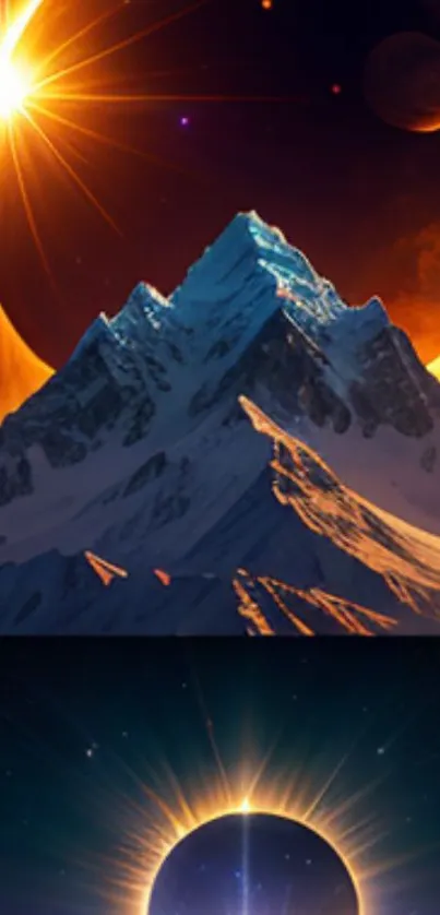 Surreal eclipse over majestic mountains with glowing sunrise.
