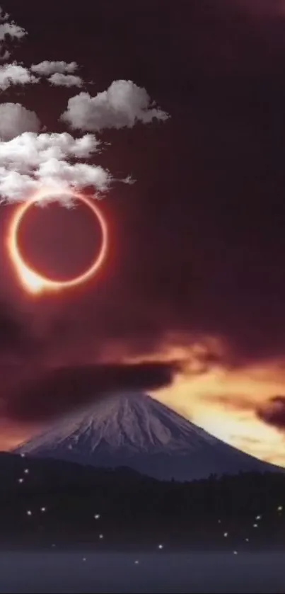 Mystical eclipse over mountain with clouds.