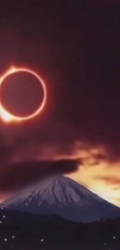 Solar eclipse over tranquil mountain peak in a dark evening sky.