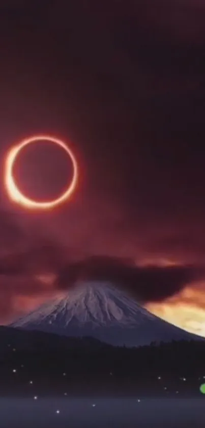 Eclipse over a snowy mountain under a dark red sky.